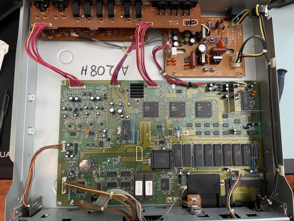 Korg Wavestation A/D with the top panel removed, as viewed from directly overhead.