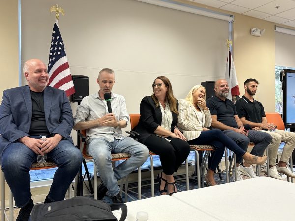 The panel at Tampa Bay Techies’ “Breaking Into Tech’ event. From left to right: Jeff Fudge, Steve Hindle, Suzanne Ricci, Ashley Putnam, Jason Allen, Austin Eovito.