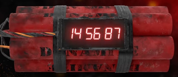 A bundle of dynamite with a numeric LED display showing the value “14:56:87.”
