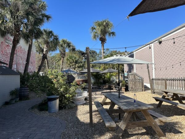 The courtyard at Spaddy’s Coffee in Seminole Heights, Tampa. It’s an open space sandwiched between two one-storey buildings with picnic and patio tables, and palm trees. The sky is blue and cloudless.