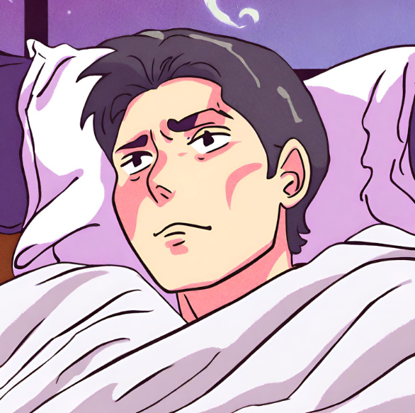 AI-generated anime-style illustration of a man lying in bed awake.