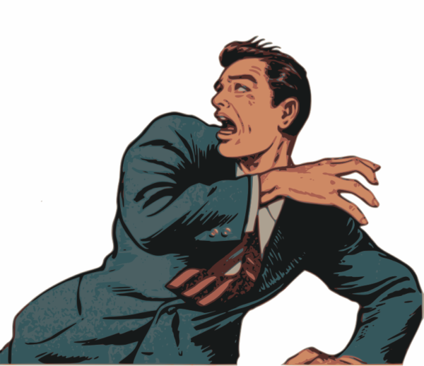 Man in a suit, drawn old comic-book style, running away from something with a fearful look on his face.